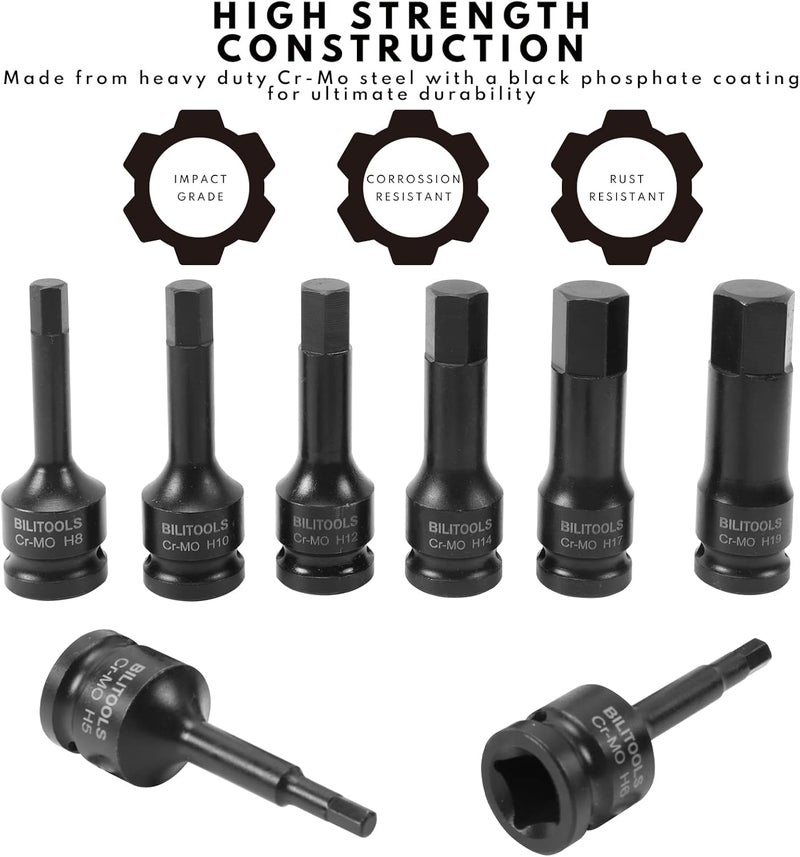 BILITOOLS 8-Piece Impact Hex Allen Bit Socket Set 1/2 inch Drive, H5-H19, Cr-Mo Steel - Image 5